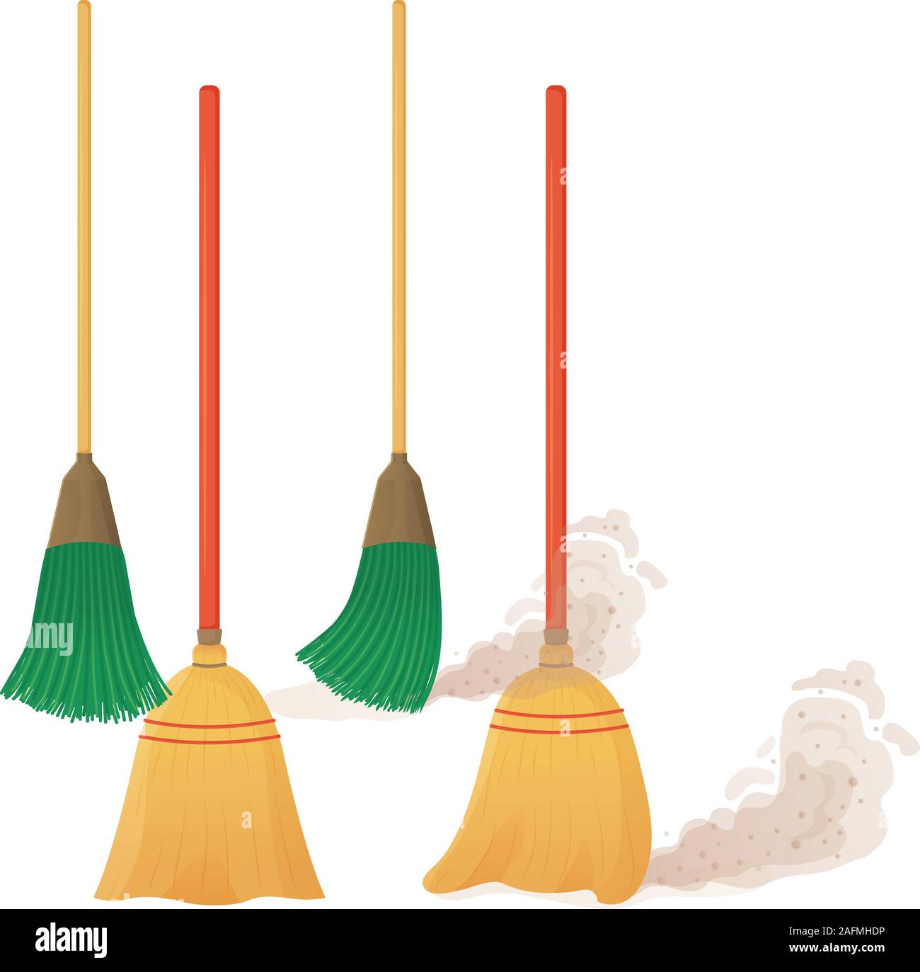 Cartoon plastic broom set. A broom sweeps dust and dirt. Household, cleaning services, housewives,concept. Equipment, tools for cleaning the element Stock Vector