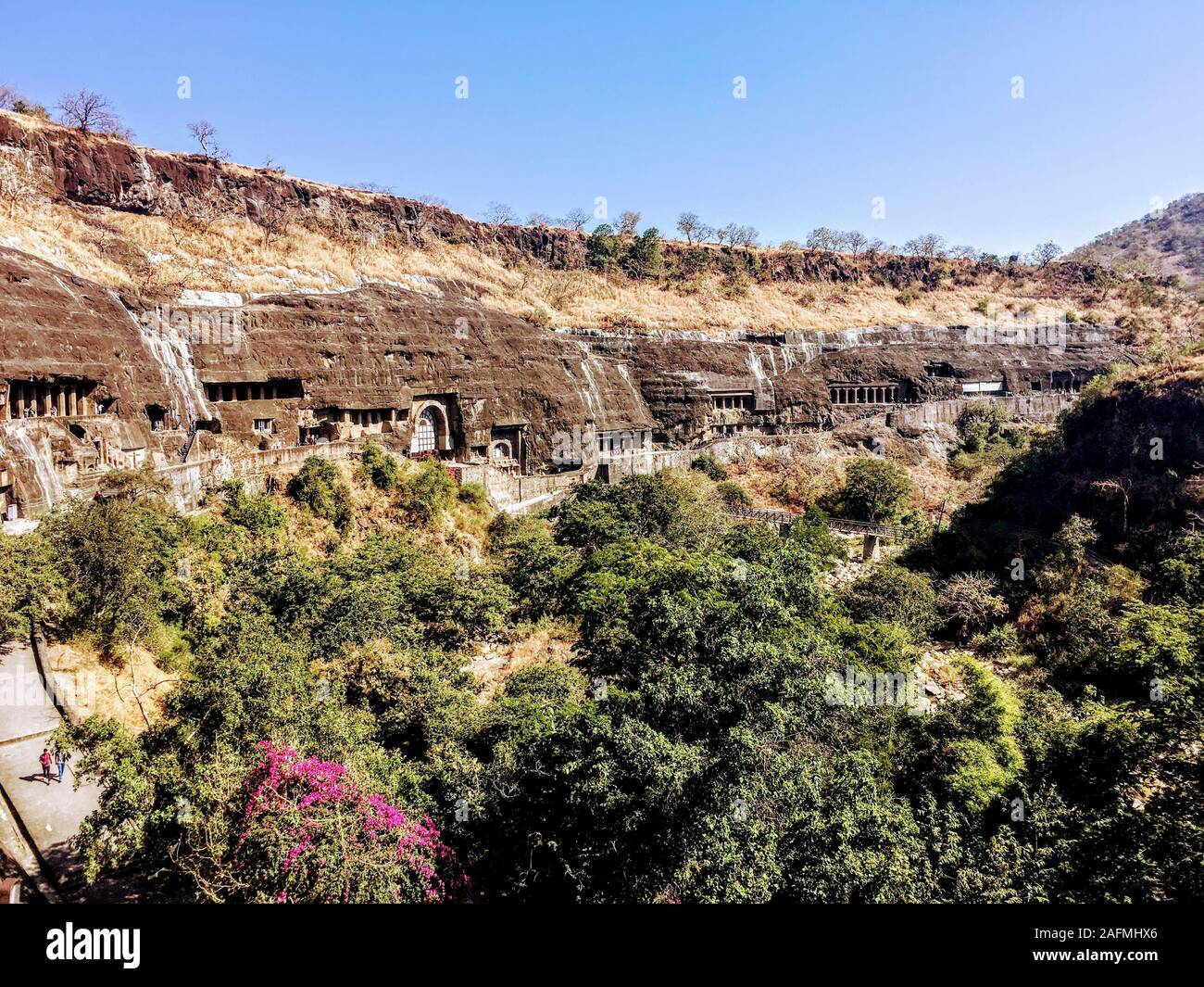 Ajanta Caves are 30 rock-cut Buddhist cave monuments from the 2nd century BCE to about 480 CE in the Aurangabad district of Maharashtra state of India. Stock Photo