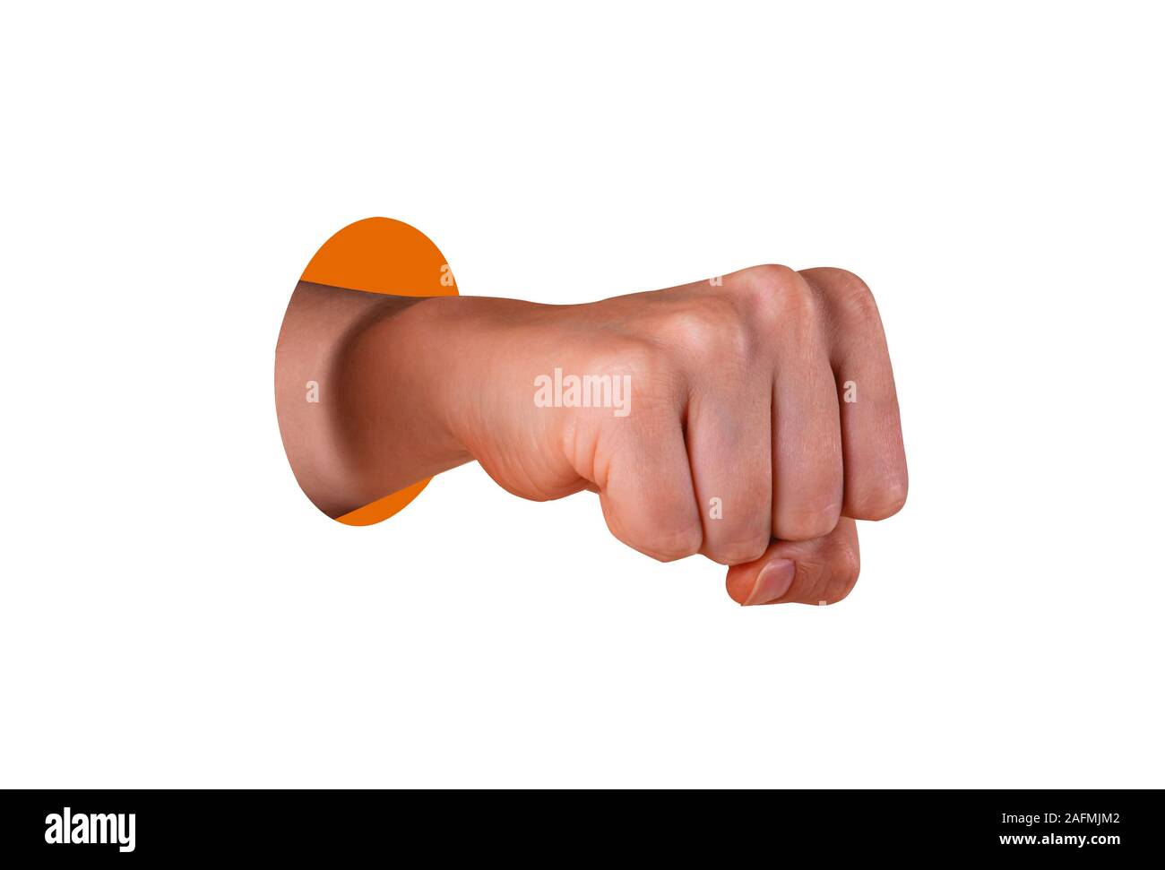 Young womans hand clenched into a fist. Hand sticks out of hole with sharp edges and orange background. Isolated on white. Equal rights for women conc Stock Photo