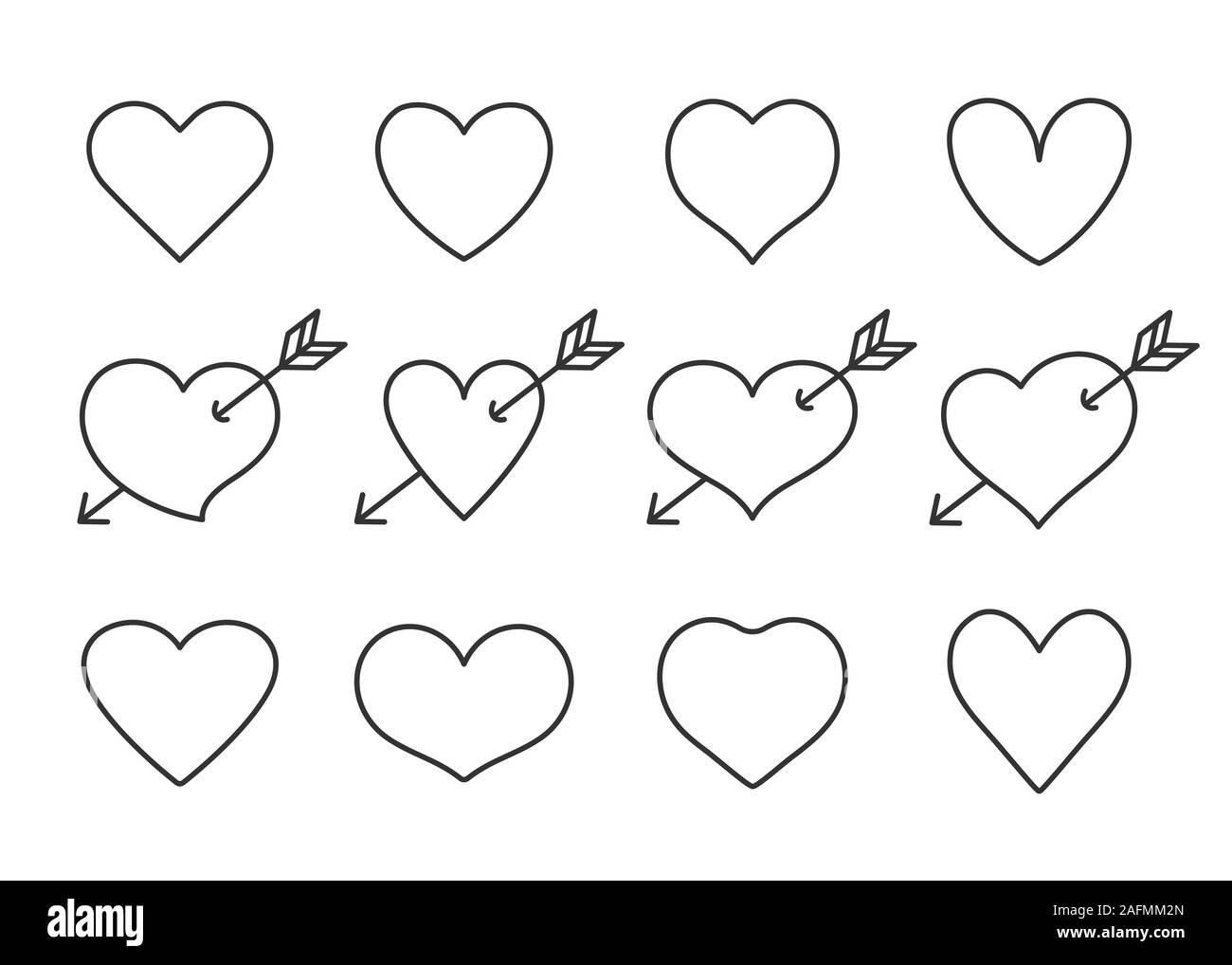 Set of thin line heart icons isolated on white background. Modern collection of linear hearts for web site, love logo and Valentine s day. Stock Vector