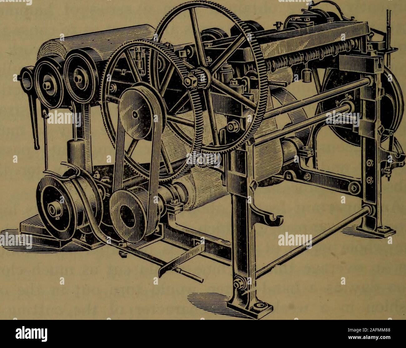 . The velvet and corduroy industry; a brief account of the various processes connected with the manufacture of cotton pile goods. cter of the cutting isvery good, as obviously if the knives are accuratelyset they will just cut the crown of the pile in the ribfor which each knife is set. One great advantage ofthis machine is that it cannot easily make holes, as itis supplied with an automatic stopper, and providedthis is in good working order immediately the guidecomes to a hole or defect, it drops out and automaticallystops the machine. In comparison with the old methodof hand-cutting, this co Stock Photo