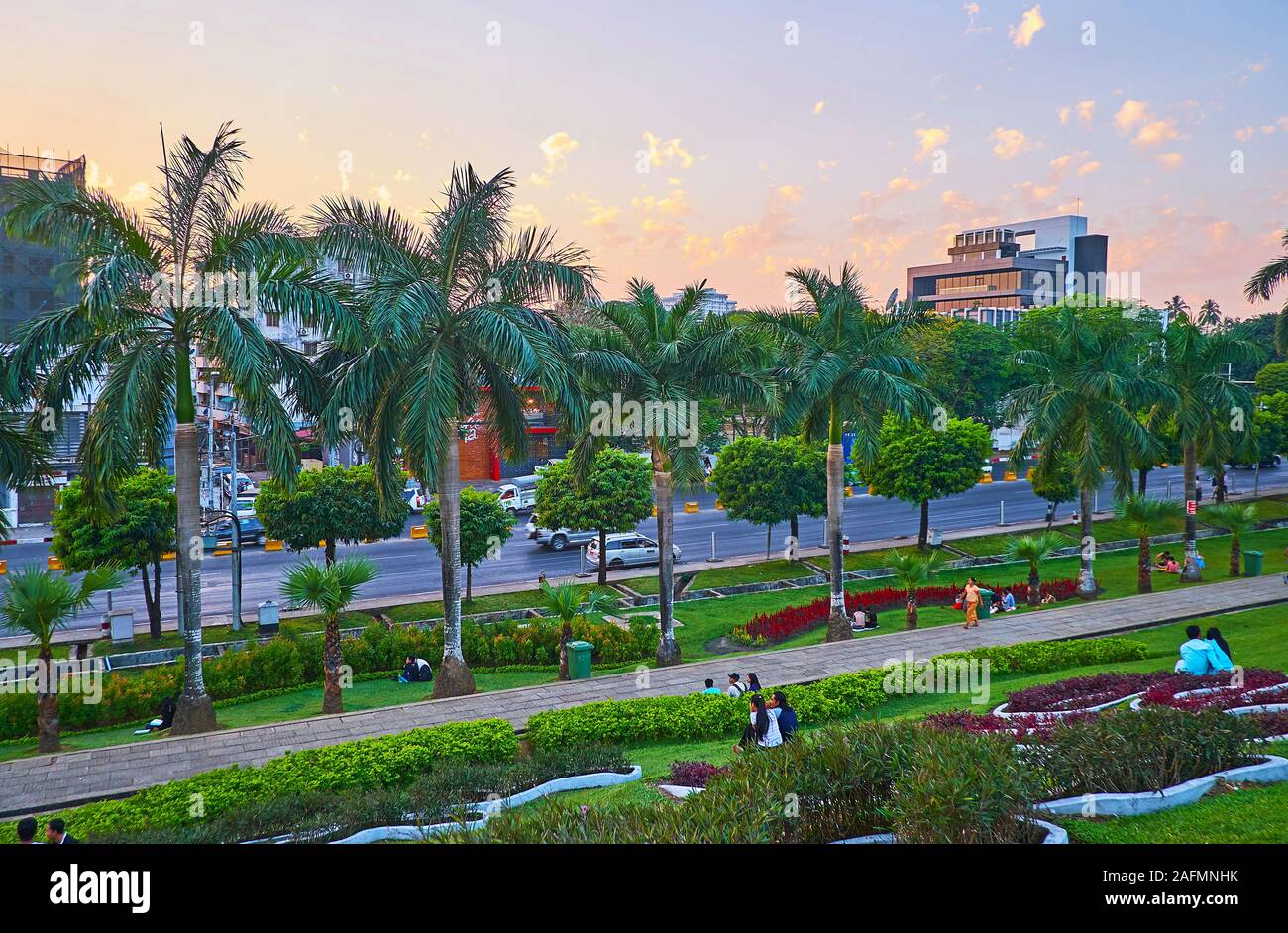 Yangon Myanmar March 2 2018 Watch The Purple Twilight Sky And Scenic Flower Beds In Inya Lake Park Located In Hlaing District And Famous Among T Stock Photo Alamy