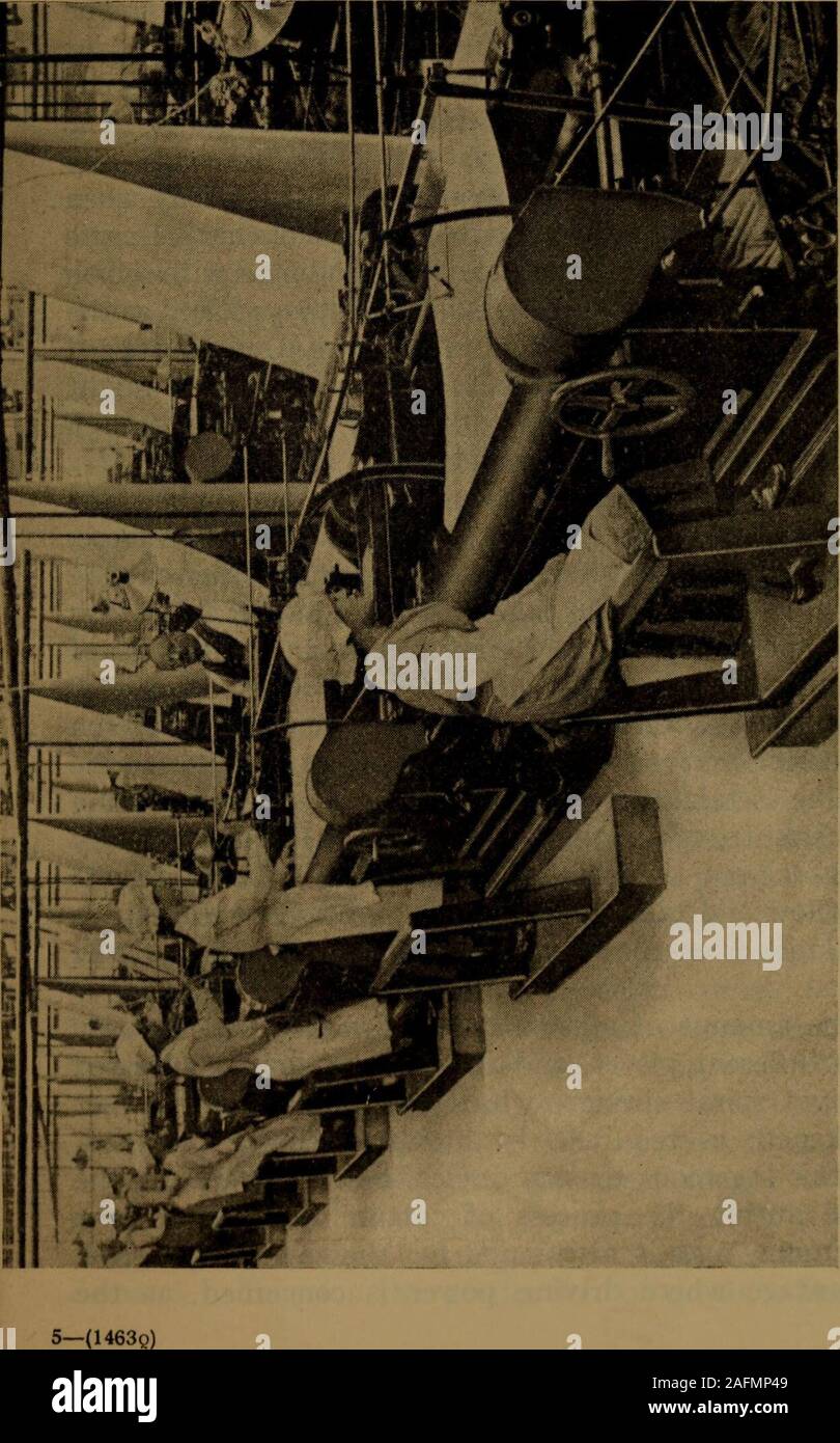 . The velvet and corduroy industry; a brief account of the various processes connected with the manufacture of cotton pile goods. tically brought to a standstill,this being done quickly by means of adjustable brakes.A point to note is that the arm carrying the knife ismounted on the frame of the machine, and in this pointdiffers essentially from hand-cutting, as the cuttinginstrument is in some respects rigid. This particularpoint has been found to be of great advantage in cuttingqualities like the old twill-back coating velveteen, oneof the most difficult sorts made. Not more than anegligible Stock Photo