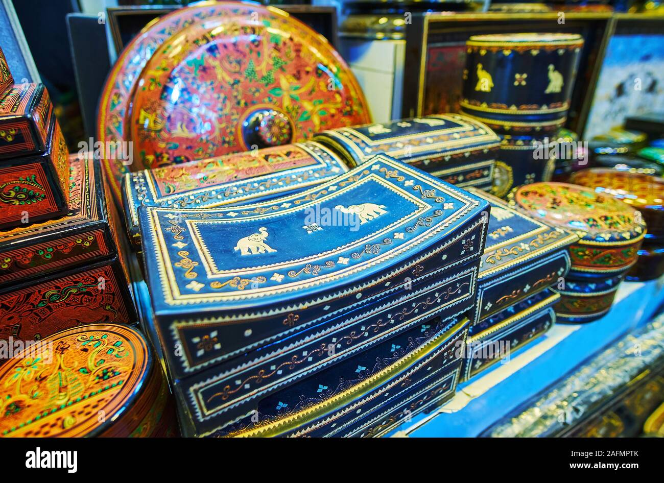 The beautiful caskets and souvenir boxes with elephants and fine floral patterns, made of wood and in traditional lacquer technique, Bogyoke Aung San Stock Photo