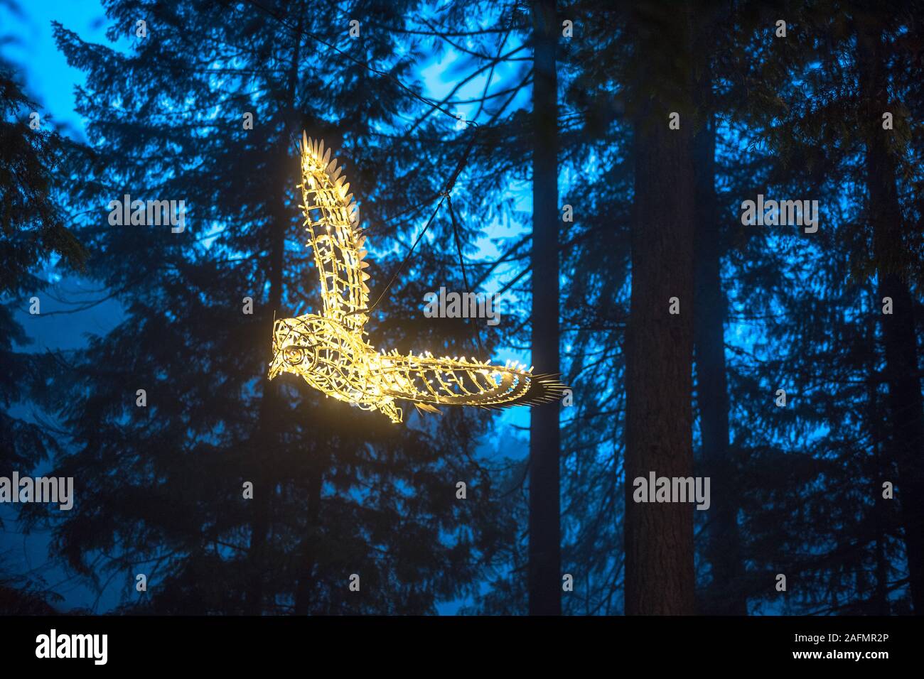 An owl made from lights hanging from a tree in Capilano Suspension Bridge Park Stock Photo