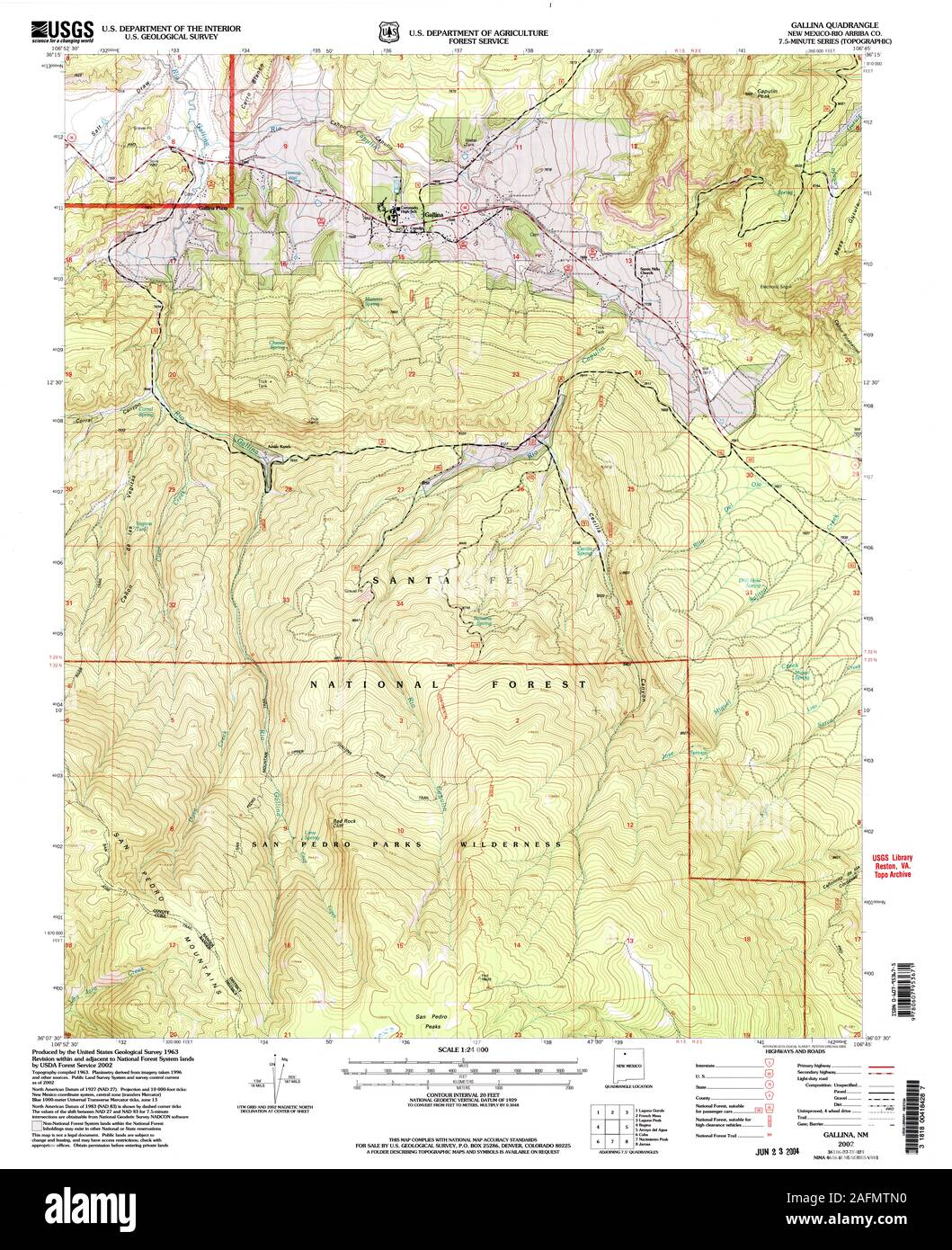 USGS TOPO Map New Mexico NM Gallina 192736 2002 24000 Restoration Stock