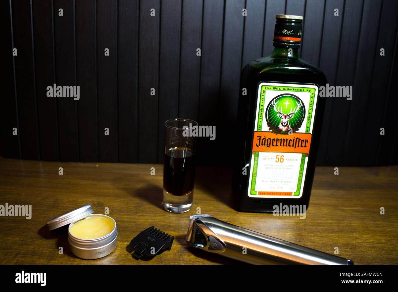 Bottle of Jagermeister alcohol drink, German digestif made with 56