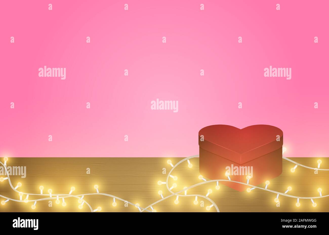 Heart shape box and glowing light on wooden table with pink background and space. 3d illustration of love. Valentine's day concept. Stock Vector