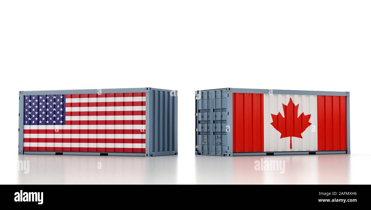 Freight container with USA and Canada national flag. 3D Rendering Stock Photo