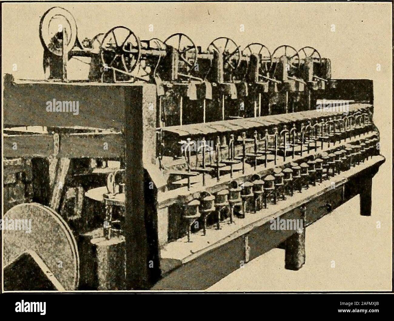 . Yarn and cloth making; an economic study; a college and normal schools text preliminary to fabric study, and a reference for teachers of industrial history and art in secondary and elementary schools. g contrivance where the three processesare mechanical and continuous: a frame with drivewheel, roller drawing device, and row of automatic-winding flyer-spindles so arranged as to move in unisonand with power applied at one point; built on prin-ciple of Saxony wheel. First mechanical attenuating device for drawn rove: aseries of pairs of rollers moving at increased speeds. Twisting device: row Stock Photo