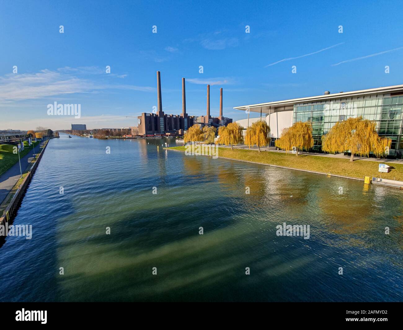 The Volkswagen/VW car construction Factory with the pipes of the Volkswagen plant in the Autostadt in Wolfsburg Stock Photo