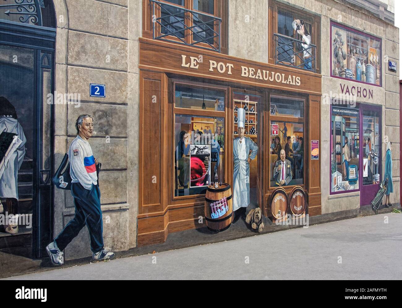 trompe l'oeil painting, building exterior; shops,, street, public art, Fresque des Lynnoise Celebres; cityscapes, Lyon, France, summer, horizon Stock Photo