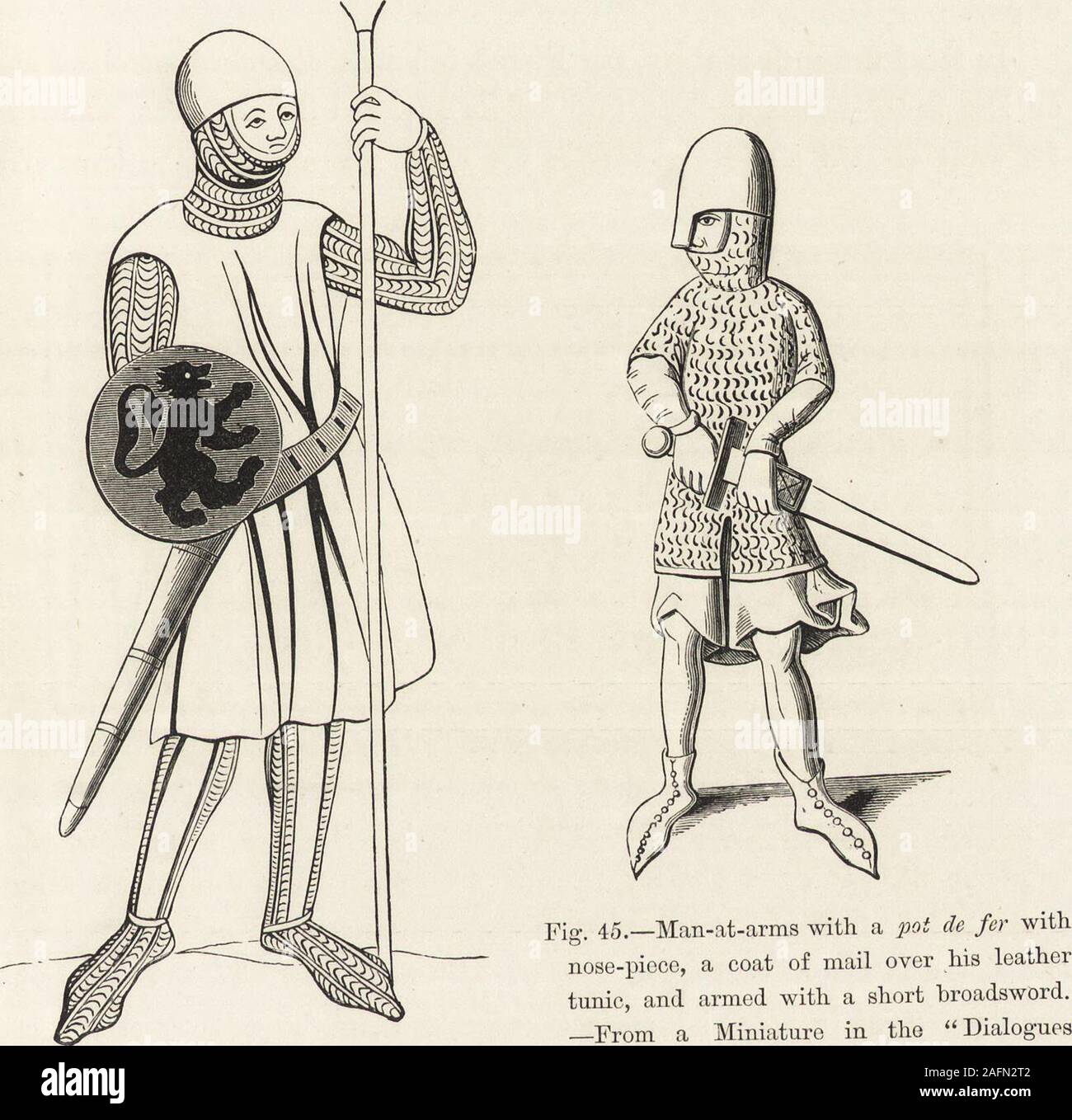 . Military and religious life in the Middle Ages and at the period of the Renaissance. the Castle of Chalus, in Limousin(1199).—Chroniqucs do Normandie, Manuscript of the Fifteenth Century (Library ofM. Ambroise Firmin-Didot). the requirements of the sovereign, he set to work on the definitive organiza-tion of a permanent paid army (Fig. 44). He fixed the age of military serviceat eighteen, and decreed that none of his subjects, except the old and thesick, should be exempt from it, unless they paid a certain sum to the royaltreasury, and supplied, according to their rank and means, one or more Stock Photo