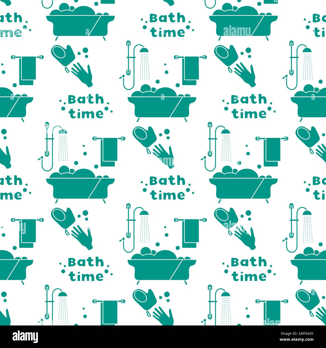 Vector seamless pattern Bath, shower, washcloth, hand, bubbles, towel