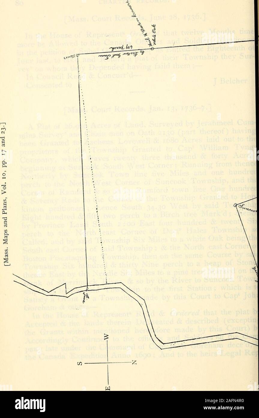 . [Provincial and state papers]. 00 East four hundred & twenty Sixperch to the North east Corner of Doctr Hales Township soCalled, and by said Township Six Miles to a white Oak being theSouth east Corner of said Township ; & the North east Corner ofBoston Piscataquoag Township, then on the same Course by saidTownship Six hundred & thirty Nine perch to a heap of Stonesthence East by the Needle Six Miles to a pine tree Marked on theBank of Merrimack River, & so by the River to Suncook Town-ship and by the said Township to the first Station ; which is toSatisfy a Grant of a Township made by this Stock Photo