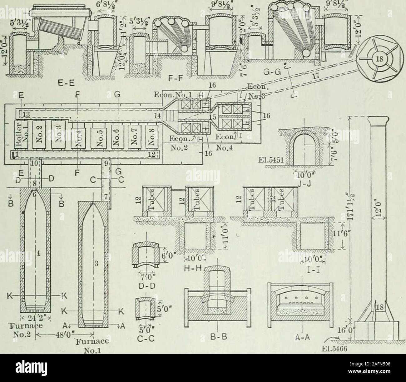 . Transactions. *? Fig. 5. -General Arrangement of Roaster and ReverberatoryPlant. Copper Queen Consolidated Mining Co. Silica brick is used almost exclusively in the constructionof the lining and roof of the modern reverberatory furnaces forcopper-smelting, and it is now possible to obtain silica brick, ofexcellent quality, all over the United States at reasonable cost. I desire here to thank the following gentlemen for valuabledata supplied : Dr. E. D. Peters, Dr. H. 0. Hofman, Dr. L. D.Ricketts, C. B. Lakenan, S. Severin Sorensen, George B. Lee,William H. Howard, A. E. AVheeler, William Wra Stock Photo