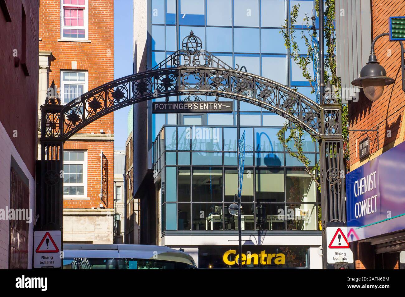 16 October 2019 The famous wrought iron arch at the High Street entrance to Pottinger's Entry in central belfast Northern Ireland. Stock Photo