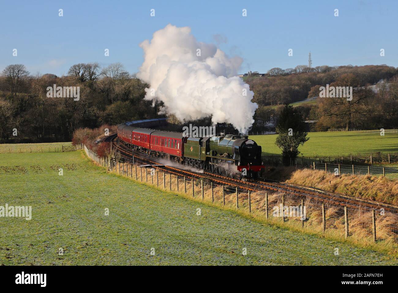 46115 approaches Wennington on 17.12.19 with WCR Santa Special from Lancaster around the Hellifield circuit. Stock Photo