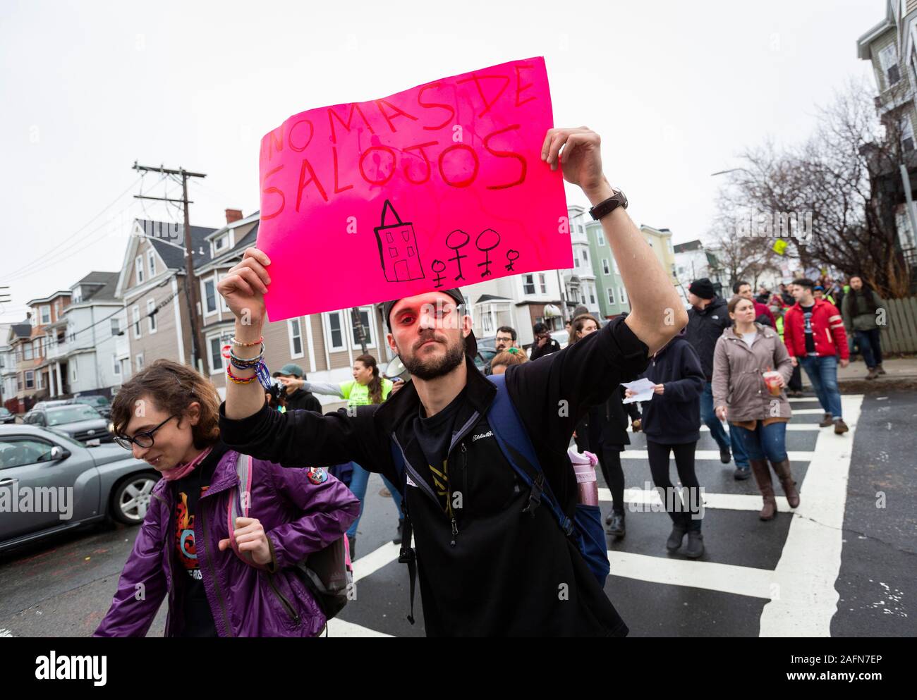 Dec. 14, 2019. East Boston, MA.  City Life/Vida Urbana led a rally and march to demand that 50% of the residential units built at the proposed develop Stock Photo