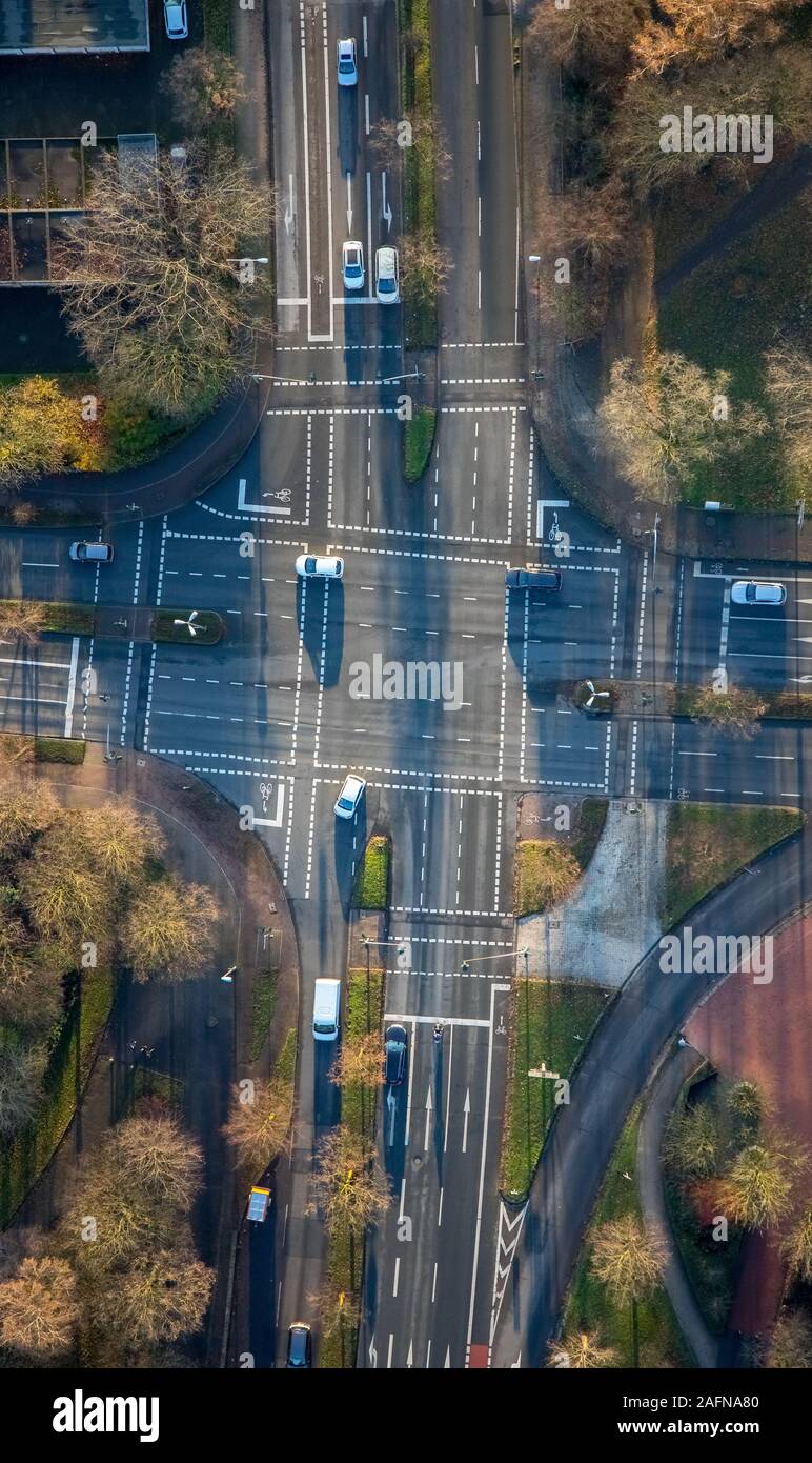 aerial photo, road intersection, road marking, traffic volume, Gladbeck, Ruhr area, North Rhine-Westphalia, Germany, greenery, trees, DE, Europe, form Stock Photo