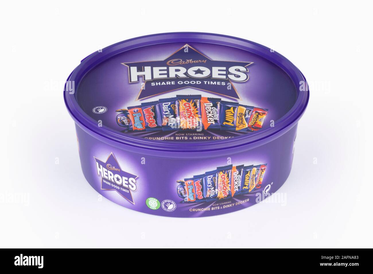A box of Cadburys Heroes chocolate confectionery shot on a white background. Stock Photo