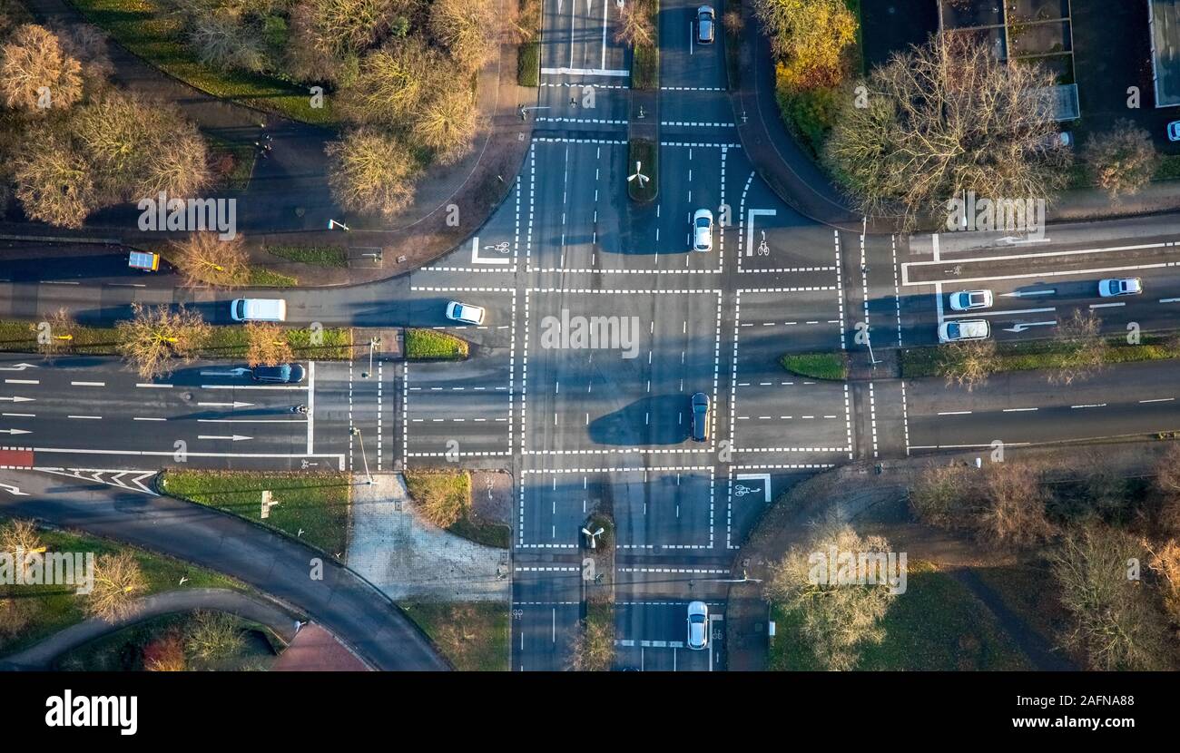 aerial photo, road intersection, road marking, traffic volume, Gladbeck, Ruhr area, North Rhine-Westphalia, Germany, greenery, trees, DE, Europe, form Stock Photo