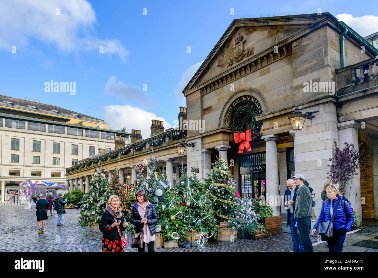Christmas trees for sale, Covent Garden, London, England, UK Stock