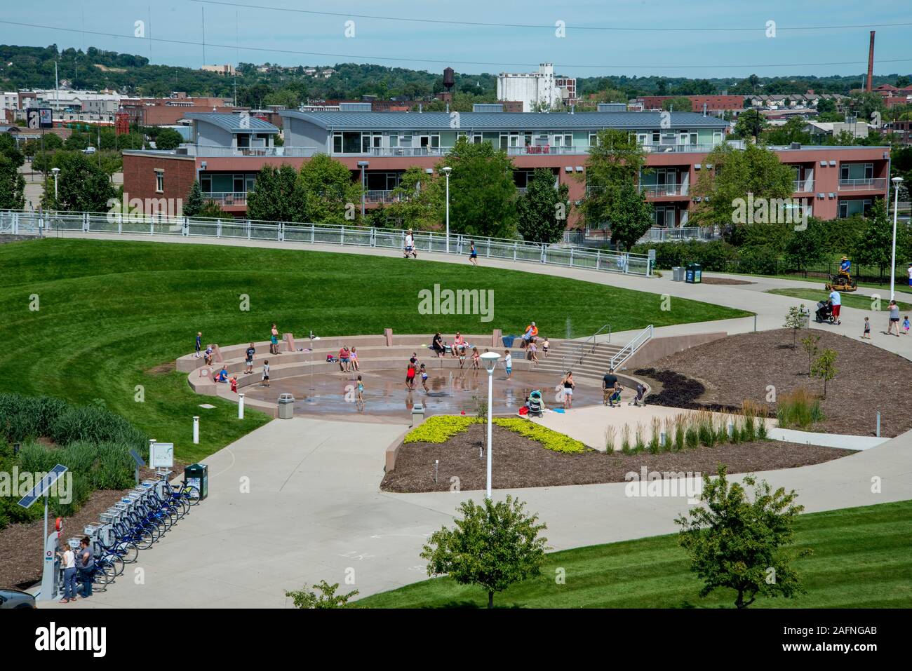 Omaha, Nebraska. Riverplace townhomes and Omaha plaza. Stock Photo