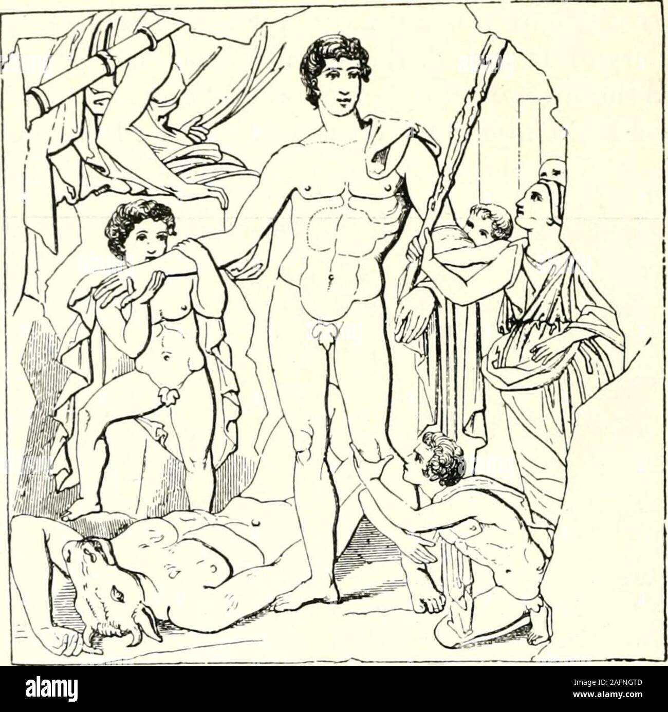 . The Open court. Perseus Liberating Andromeda.Ancient relief. Capitol. (From Springer, Hatidb., p. 256.) else than the Greek form of the Semitic title of God, Adon, i. e..Lord, a word which is used in the same significance in the Bible.Adon, the sun-god and husband of Astarte, the Phoenician Venus,dies and is resurrected. He is the same as Tammuz for whom, asthe prophet Ezekiel, Jewish women wept in the temple. 656 THE OPEN COURT.. Theseus, the Slayer of the Minotaur, Receiving the thanks of the rescued victims.^ (Fresco in the Campagna from Mus. Borb., X., 50.) i^vi? Stock Photo