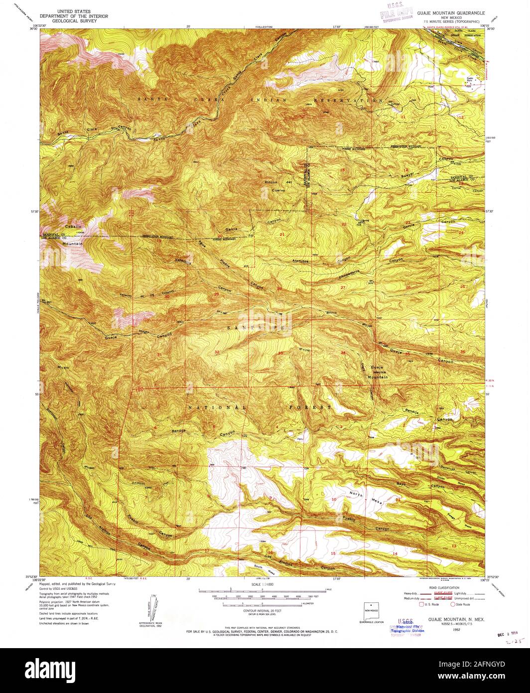 USGS TOPO Map New Mexico NM Guaje Mountain 190845 1952 24000 Restoration Stock Photo