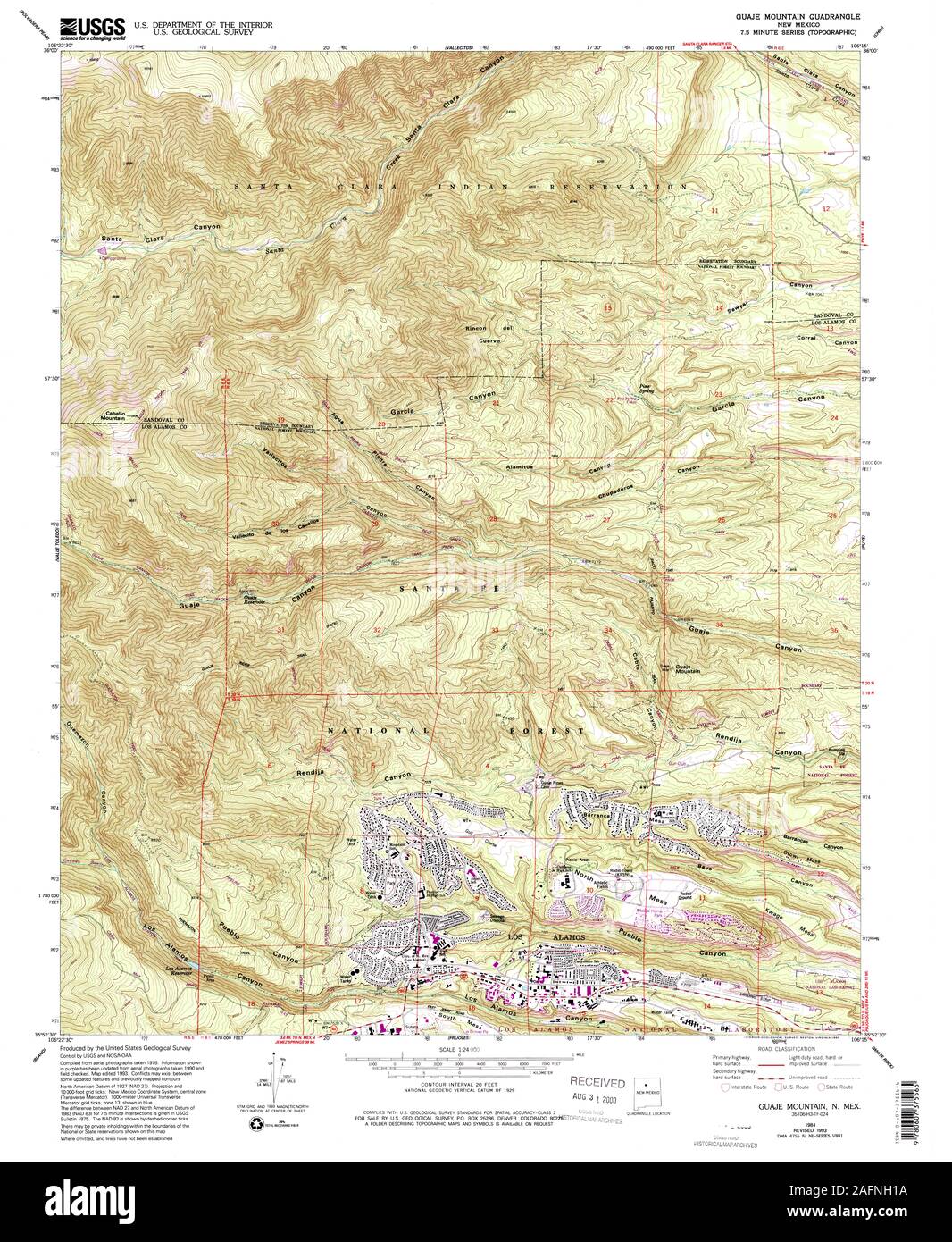 USGS TOPO Map New Mexico NM Guaje Mountain 192807 1984 24000 Restoration Stock Photo