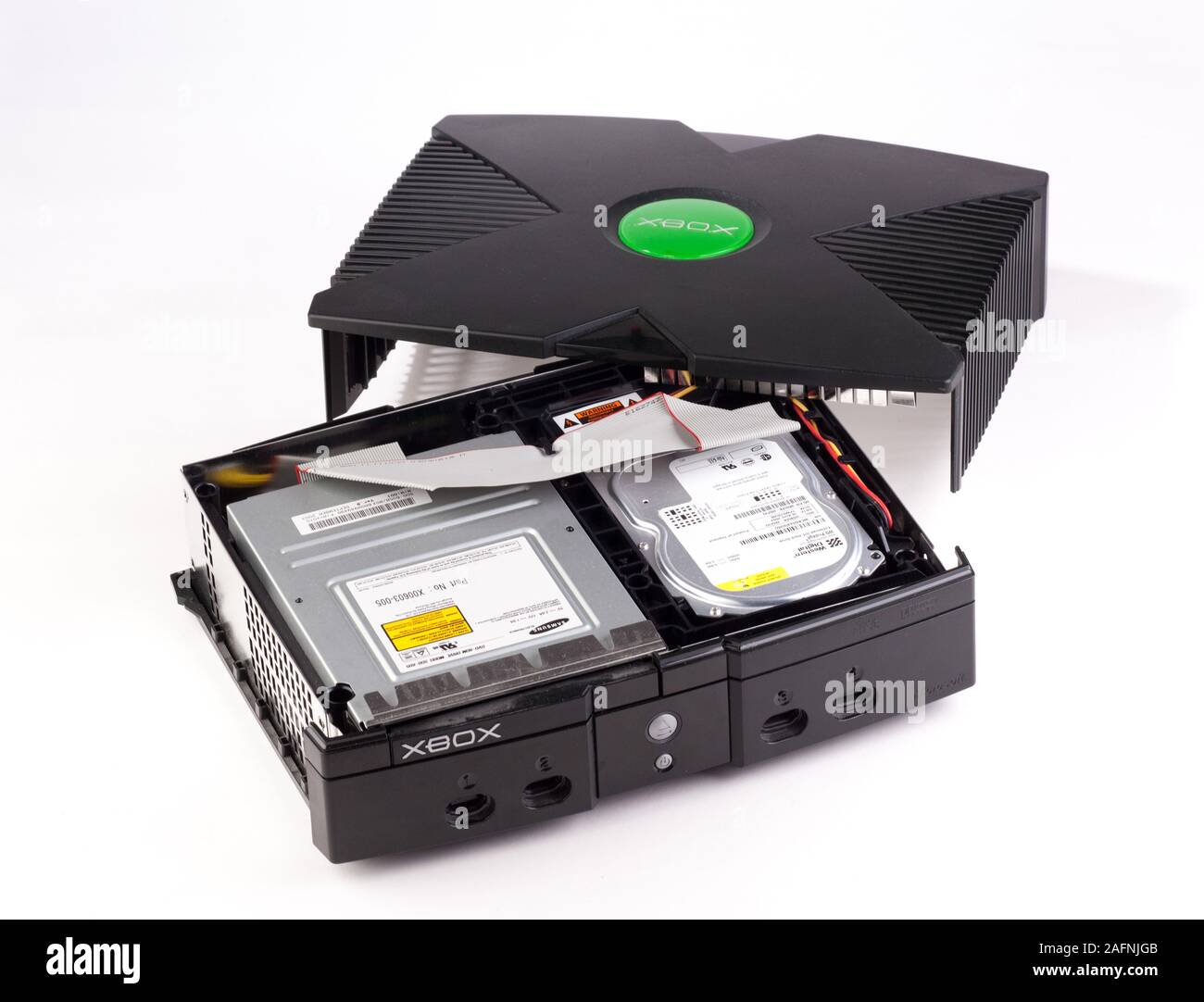 inside Xbox gaming console showing the hard drive and dvd drive Stock Photo