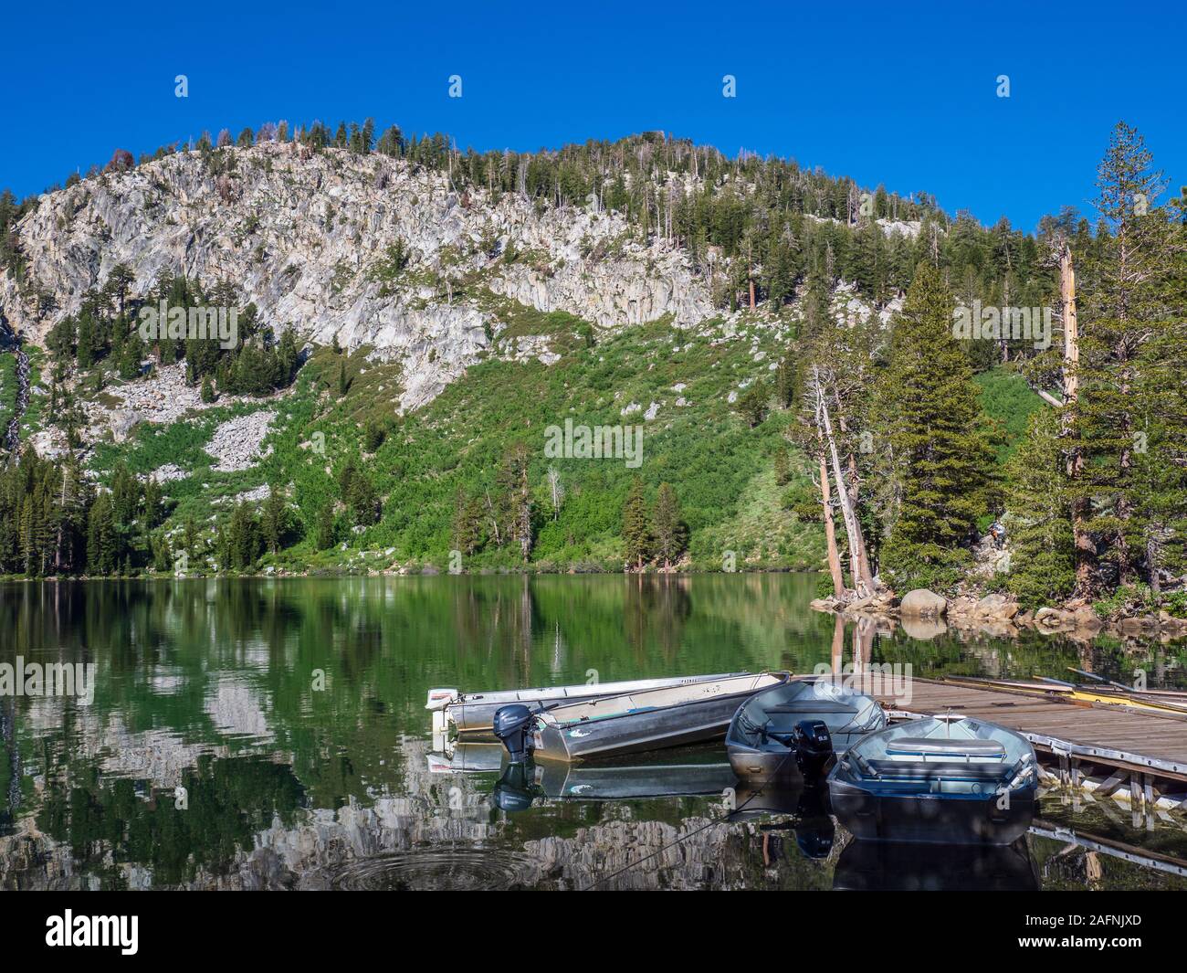 Boats at the dock, Lake Mammoth Lakes, California Stock Photo