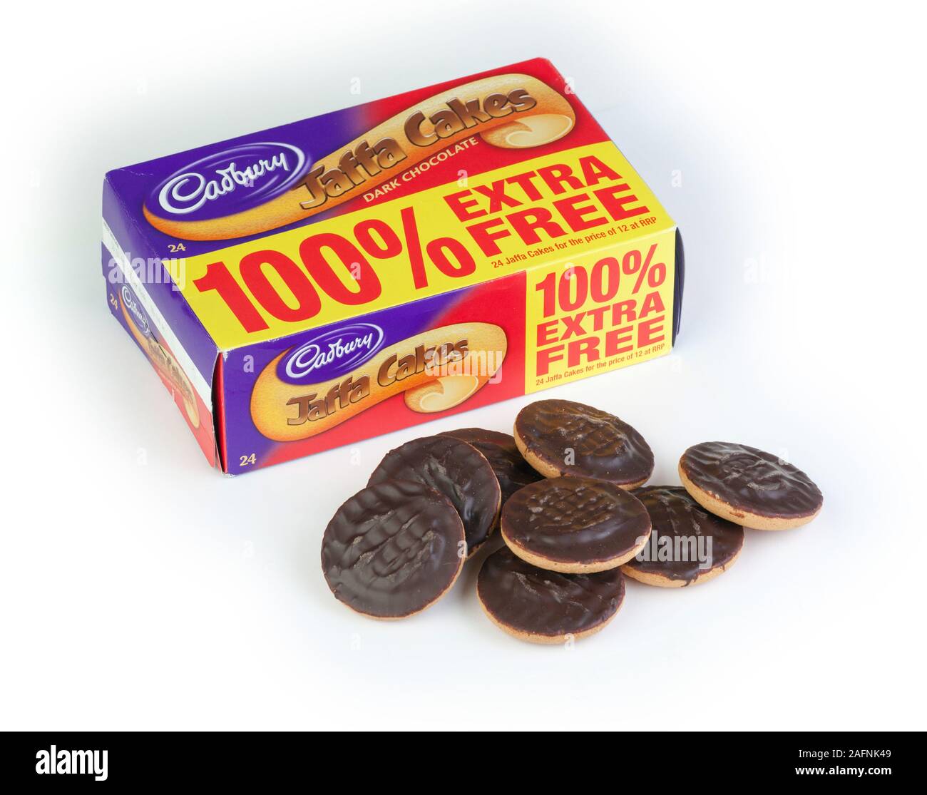 Cadbury jaffa cakes, with 100% free extra promotion Stock Photo