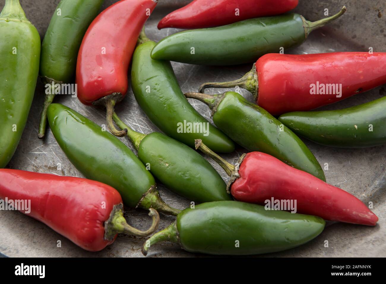 A close up studio photo of red and green chili peppers on a platter ...