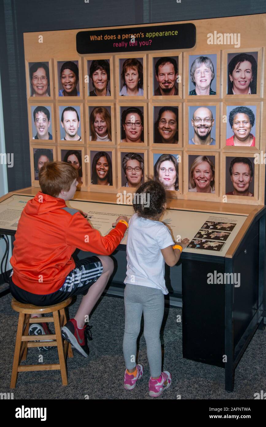 St. Paul, Minnesota.  Science museum of Minnesota.  13 year old boy and his four year old bi-racial sister on an exhibit called; RACE: Are We So Diffe Stock Photo