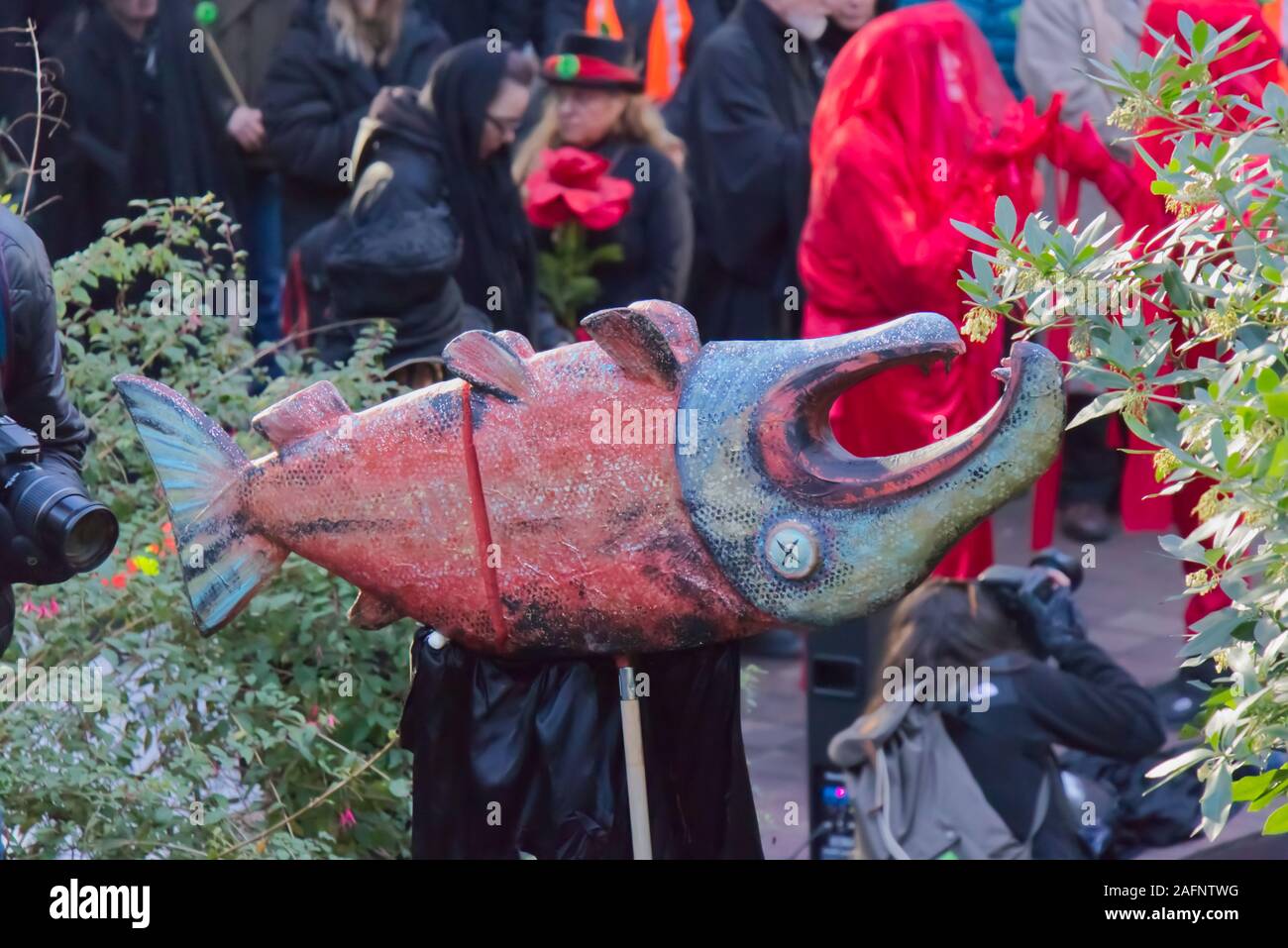 Vancouver, Canada - November 29,2019: View of dead Fish during Climate Strike near Burrard Station. Funeral for Extinction event. Stock Photo