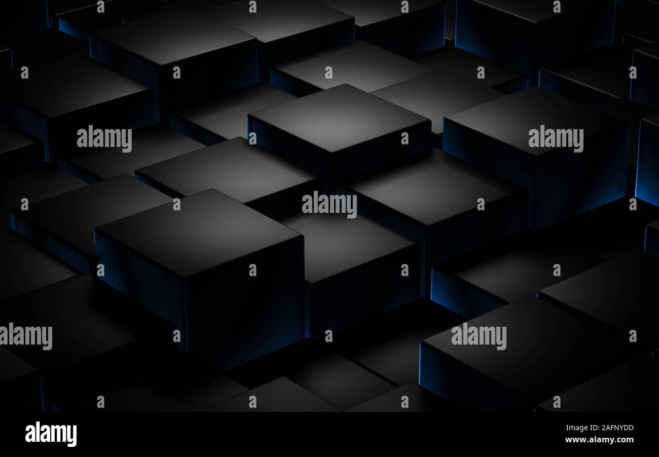 Black cube abstract texture with blue low key lighting background 3d ...
