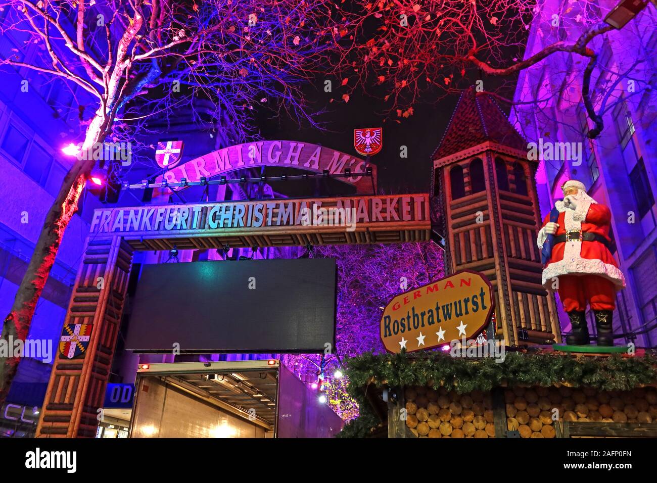 Birmingham  Frankfurt German Christmas Market at Night, New Street, Birmingham, West Midlands, England, UK, B2 4QA - Santa Rostbratwurst Stock Photo