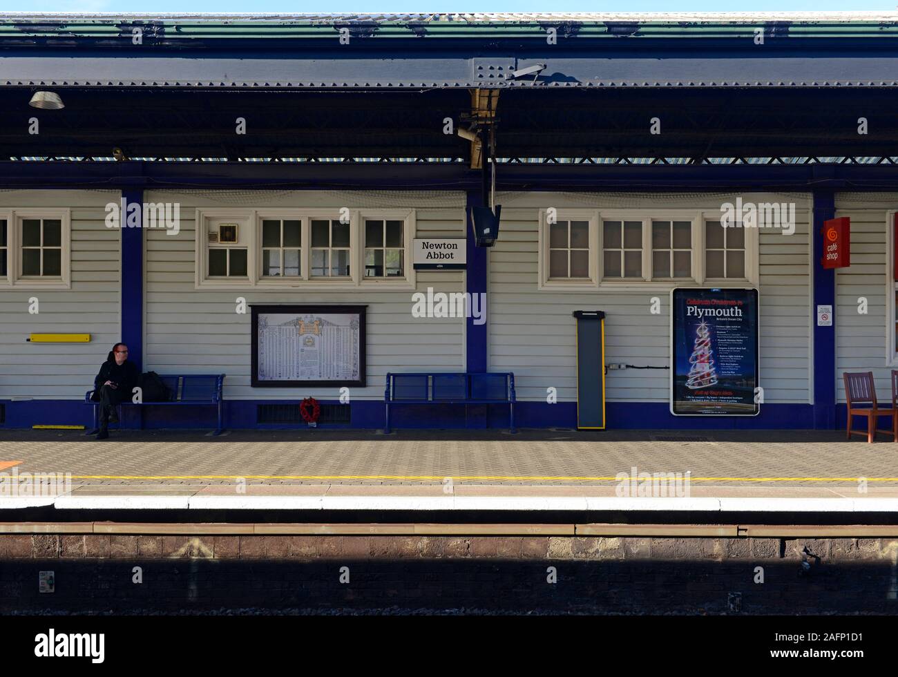 View of wooden buildings on platform three of Newton Abbot railway station in Devon, UK Stock Photo