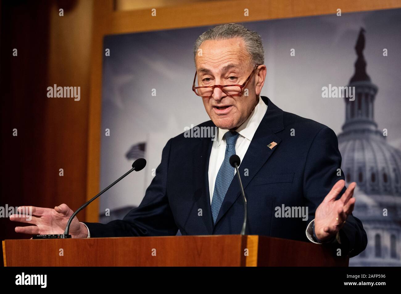 Washington, DC, USA. 16th Dec 2019. U.S. Senator Chuck Schumer (D-NY) speaking at a press conference about a proposed structure for the upcoming impeachment trial. (Photo by Michael Brochstein/Sipa USA) Credit: Sipa USA/Alamy Live News Stock Photo