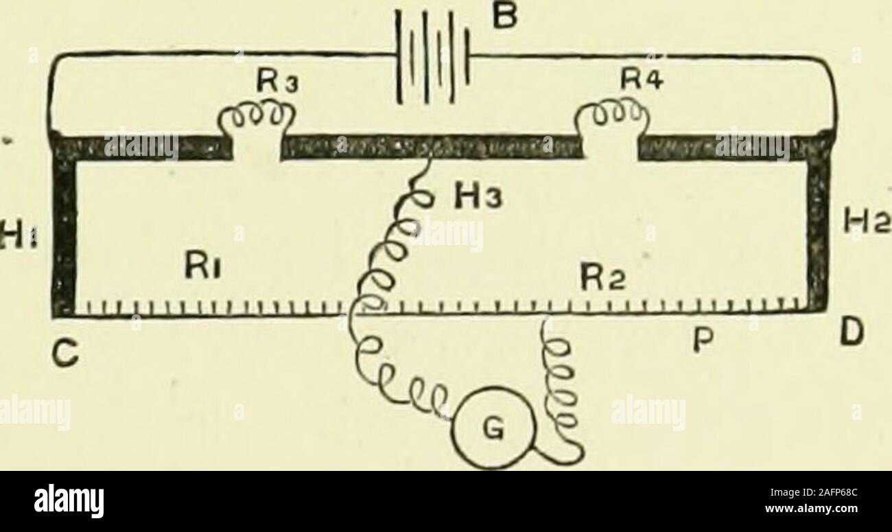 . Practical electricity in medicine and surgery. Fig. 35. Fig. 36. we have, by KirchhofFs first law, calling G the current throughthe galvanometer, and iJthat through the battery, #= Ca+ C4&gt; G = Gl - C2, G=Ci — C3 From the second law, we obtain in the circuits ABC,BCD, etc., A-B  B-D  A-C C-D V 1  &gt; ^2    &gt; °3   -r, ) ^i R, R, i?. R* K R From these equations we can eliminate Clt Co C8i Cti andwe finally obtain the relation r -^3 By — -^1 -^4 °   (iJ, + R3) (R2 + Bt)+K (R, + R2 + R3 + Rt) But the bridge is always used under the condition that thegalvanometer-current shall be zero; he Stock Photo