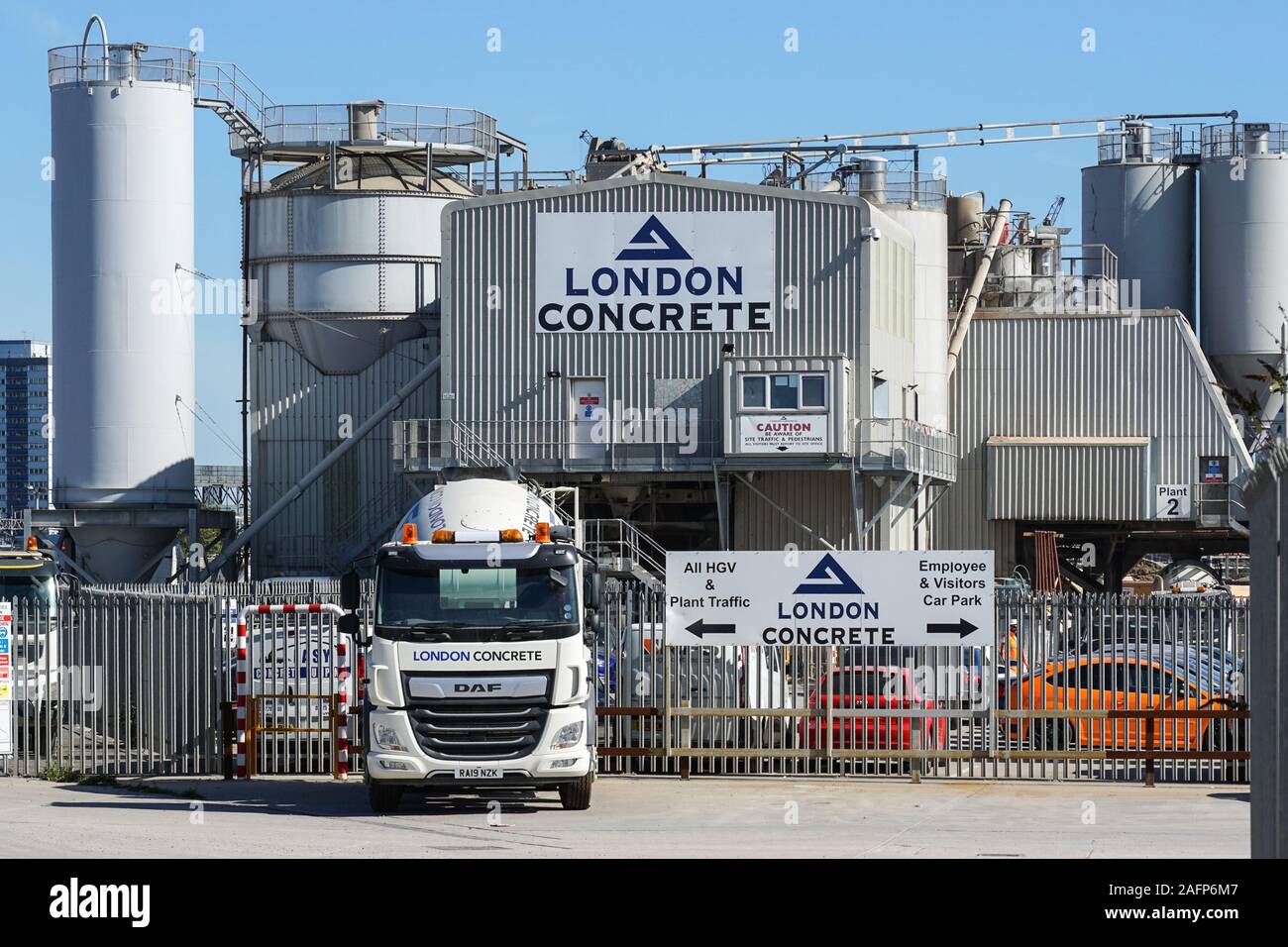 Concrete mixer truck at London Concrete, concrete supplier in London, England, United Kingdom, UK Stock Photo
