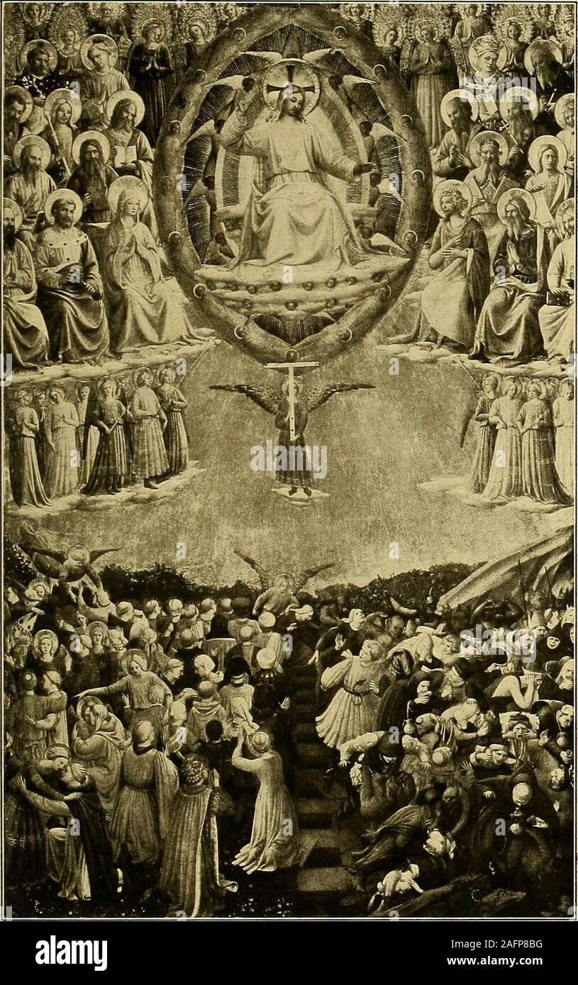 . The work of Fra Angelico da Fiesole reproduced in three hundred and twenty-seven illustrations. * Rom, Galerle CorsinI Au, „„,,,  „ oif R „ ?&lt; Triptychon mit dem Jiingsten Gericht (Mitte), der .Himmelfahrt Christi (links) und der „Herabkunft des Heiligen Geistes (rechts)Triptych with the „Last judgment (central Triptyque avec le .Jugement dernier part), tlie ..Ascension (on the left) and the (Partie centrale), „LAscension (a gauche) .Descent of the Holy Ghost (on the right) et la .Descente du Saint Esprit (.idroite) Nuch einer Aufnalnnc von Tratclli Alinari, Floren 149. Berlin, Kaiser-Fri Stock Photo