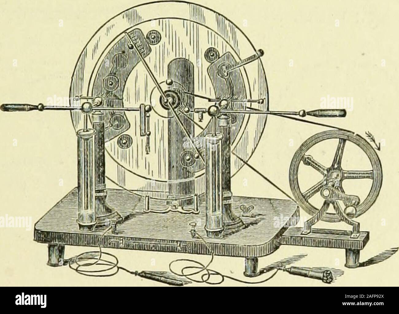 . Practical electricity in medicine and surgery. ly. This positiveelectrification, or charge, carried around with the plate, in ap-proaching the metal comb induces upon it an equal negativecharge, while the positive charge passes toward the pole Dh inmetallic connection with the comb. As the charged portion ofthe plate approaches still nearer the comb the difference ofpotential at last becomes so great that the comb discharges. FRICTIONAL MACHINES. 2o itself against the plate, thus annulling the charge on the latter,which passes again under the amalgam in a neutral condition.The discharge upon Stock Photo