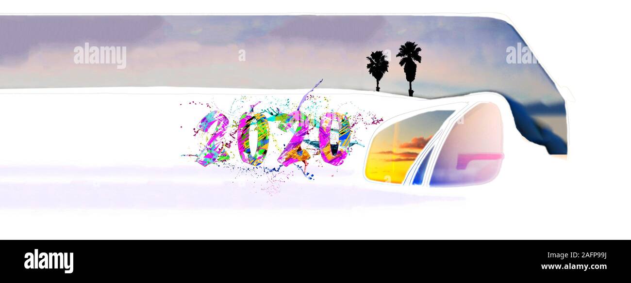 Mobile ready wanderlust 2020 on side of white limo on California freeway sunset clouds reflected in car mirror cover banner designed to work on both m Stock Photo