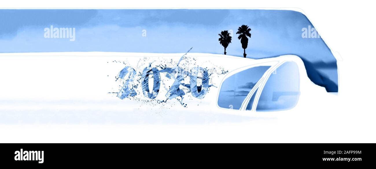 Mobile ready Classic blue color of the year 2020 Happy New Year cover banner fast car or white stretch limo designed to work on mobile or laptop Stock Photo