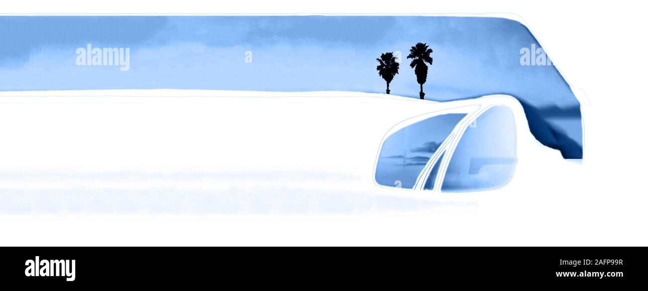 Mobile ready classic blue color of the year 2020 Happy New Year cover banner on white stretch limo in a sunny climate with palm trees, designed to wor Stock Photo
