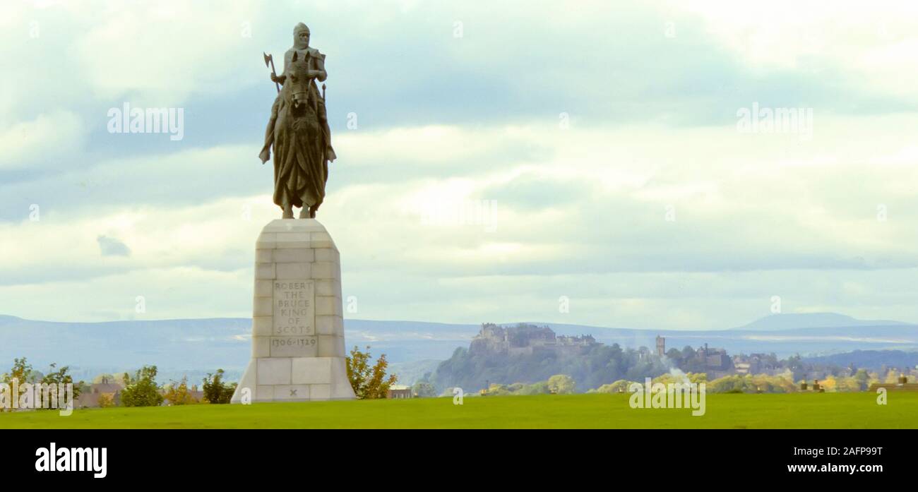 Robert the Bruce statue at Bannockburn Memorial site with Stirling Castle in background Stock Photo