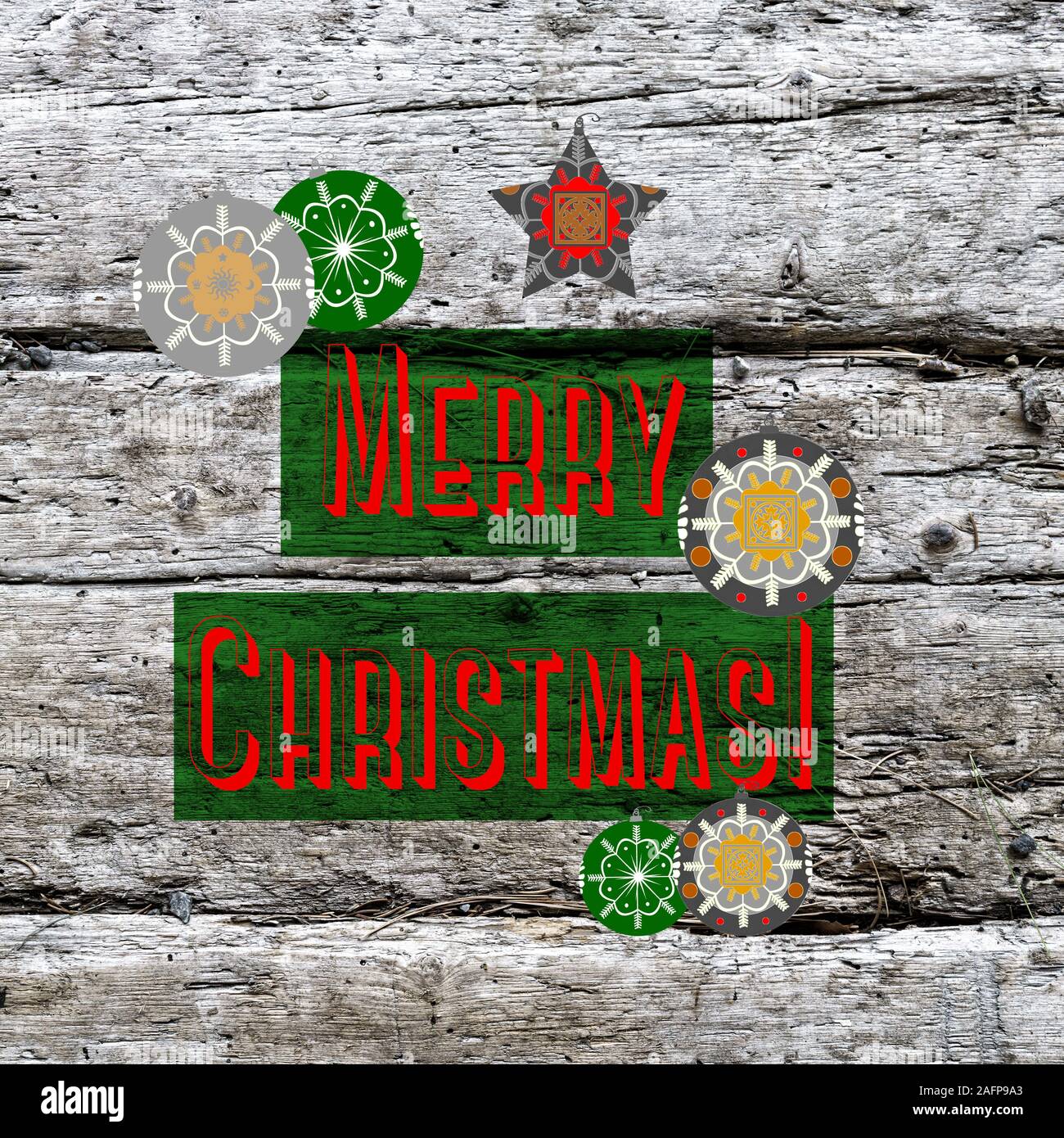 Illustrated holiday ornaments with traditional decorations superimposed on old barn wood wide planks with beautiful patina for bright and cheery happy Stock Photo